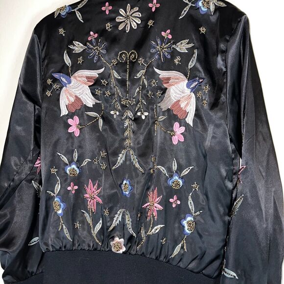 MIULIFE beaded floral bird bomber jacket black womens size small - Picture 7 of 7